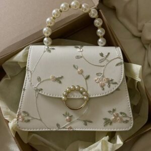 Faux Pearl Decor Floral Embroidery Satchel Bag