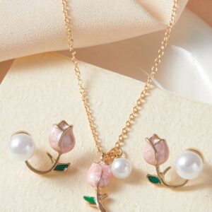3pcs/Set Fashion Women Charm Tulip Flower Pendant Necklace Earrings